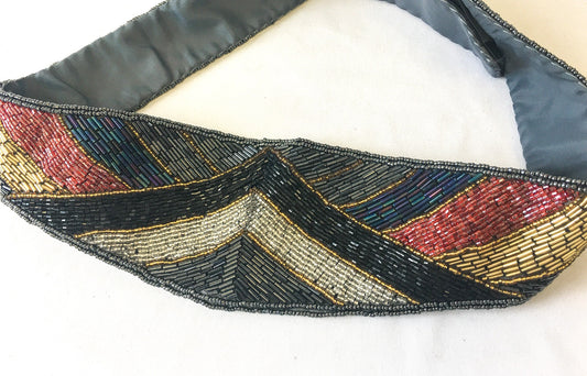 Vintage Multicolor Art Deco Beaded Velcro Belt, Art Deco Statement Belt