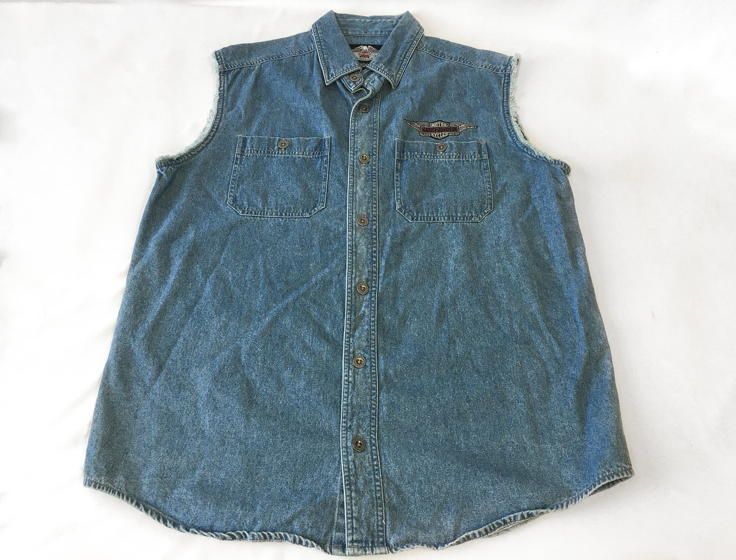 Vintage 90s Harley Davidson Sleeveless Medium Wash Denim Vest, Men's Sz. L, 90s Harley Davidson Apparel