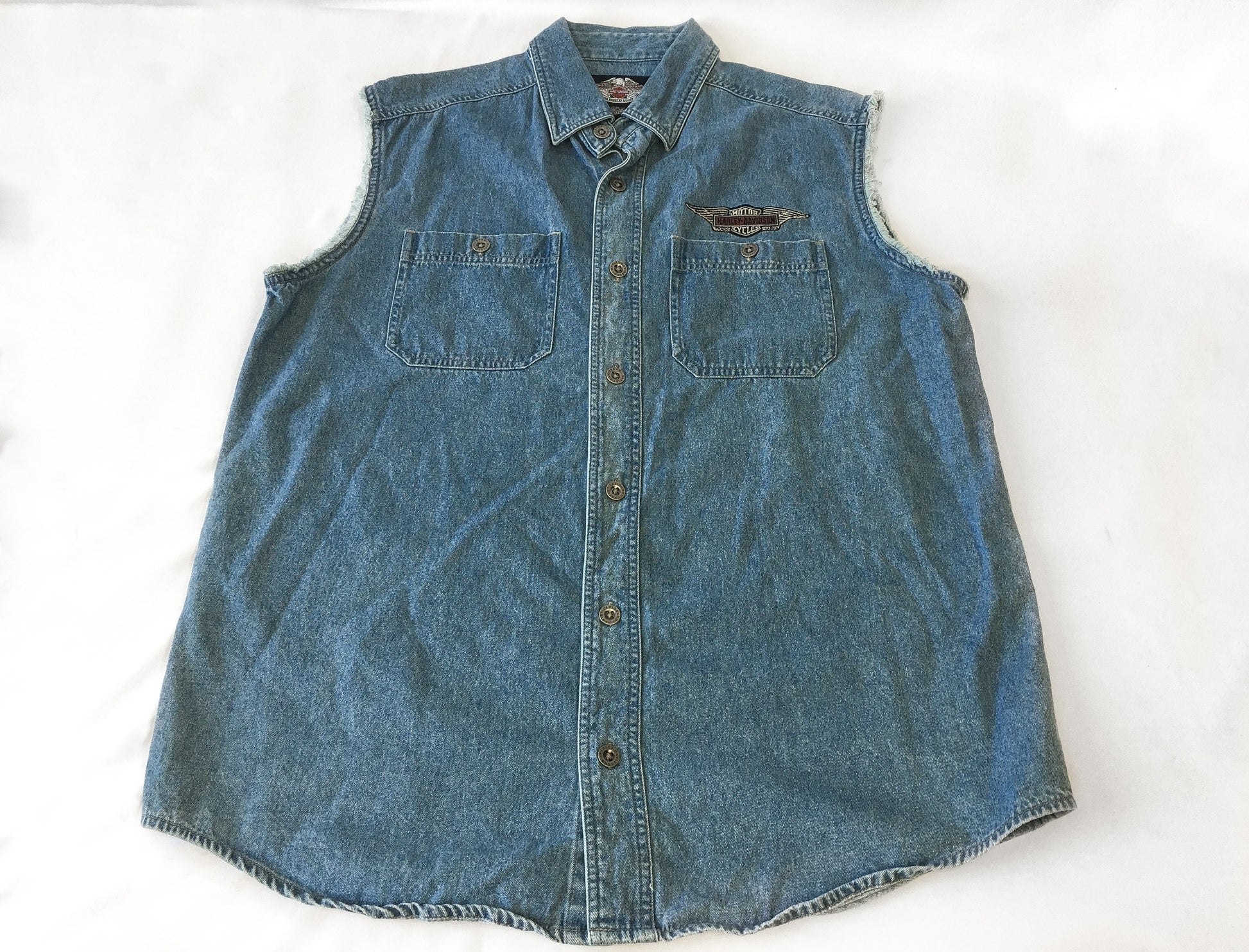 Vintage 90s Harley Davidson Sleeveless Medium Wash Denim Vest, Men's Sz. L, 90s Harley Davidson Apparel