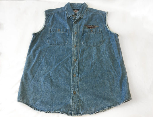 Vintage 90s Harley Davidson Sleeveless Medium Wash Denim Vest, Men's Sz. L, 90s Harley Davidson Apparel