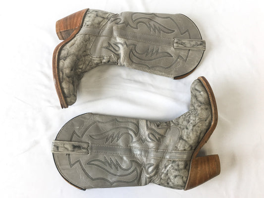 Vintage 70s Miss Capezio Grey Leather and Snake Embroidered Stacked Heel Cowboy Boots, Sz. 7 M, Vintage 70s Western Boots