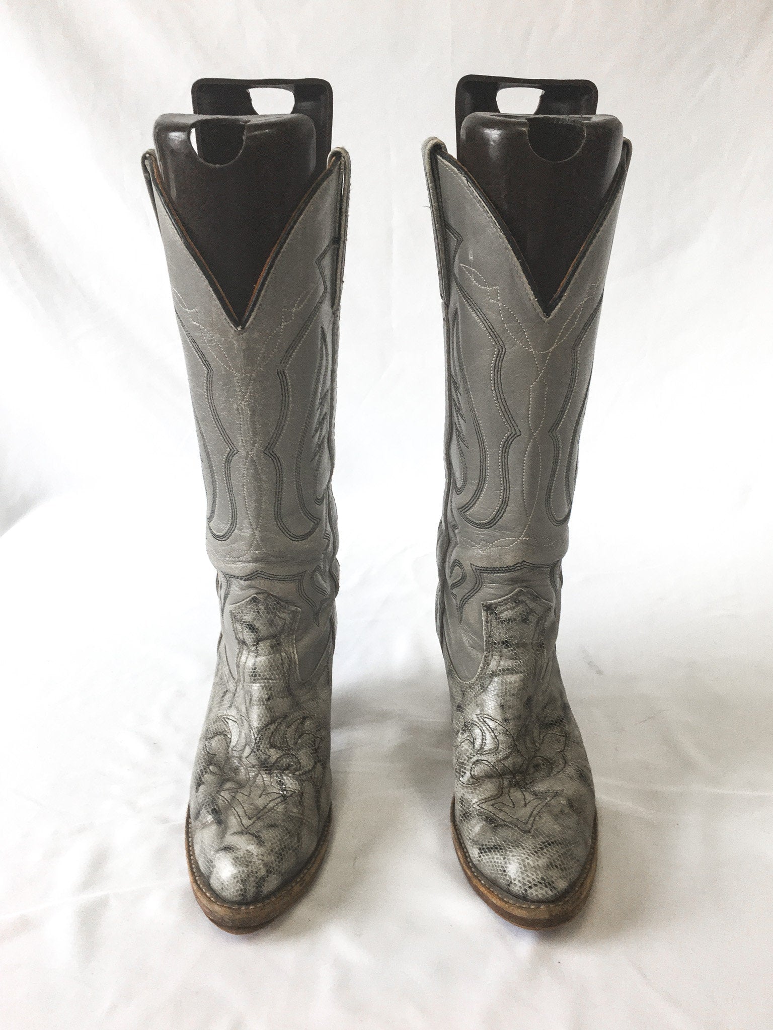 Vintage 70s Miss Capezio Grey Leather and Snake Embroidered Stacked Heel Cowboy Boots, Sz. 7 M, Vintage 70s Western Boots