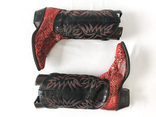 Vintage Acme Black and Red Leather Python Snake Embroidered Cowboy Boots, Men's Sz. 8D, Vintage Statement Western Cowboy Boots