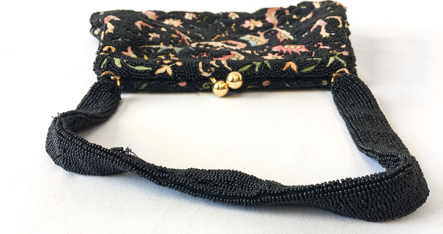 Vintage 60s Bags by Joseph Black Pastel Floral Beaded Handbag, Vintgae 60s Art Deco Evening Bag