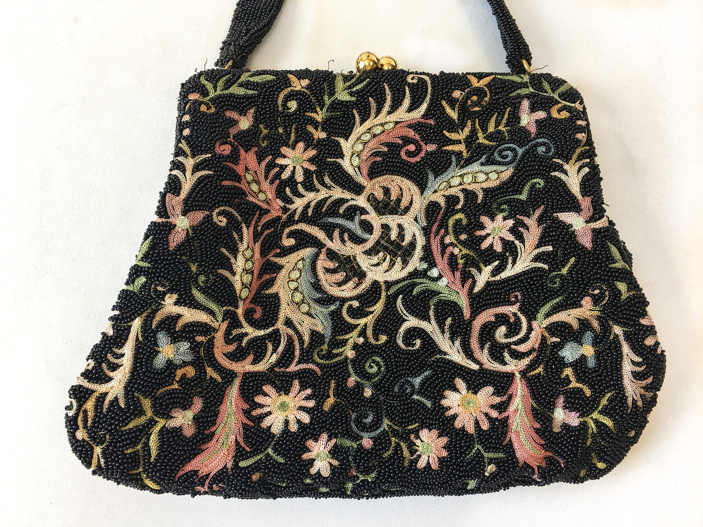 Vintage 60s Bags by Joseph Black Pastel Floral Beaded Handbag, Vintgae 60s Art Deco Evening Bag