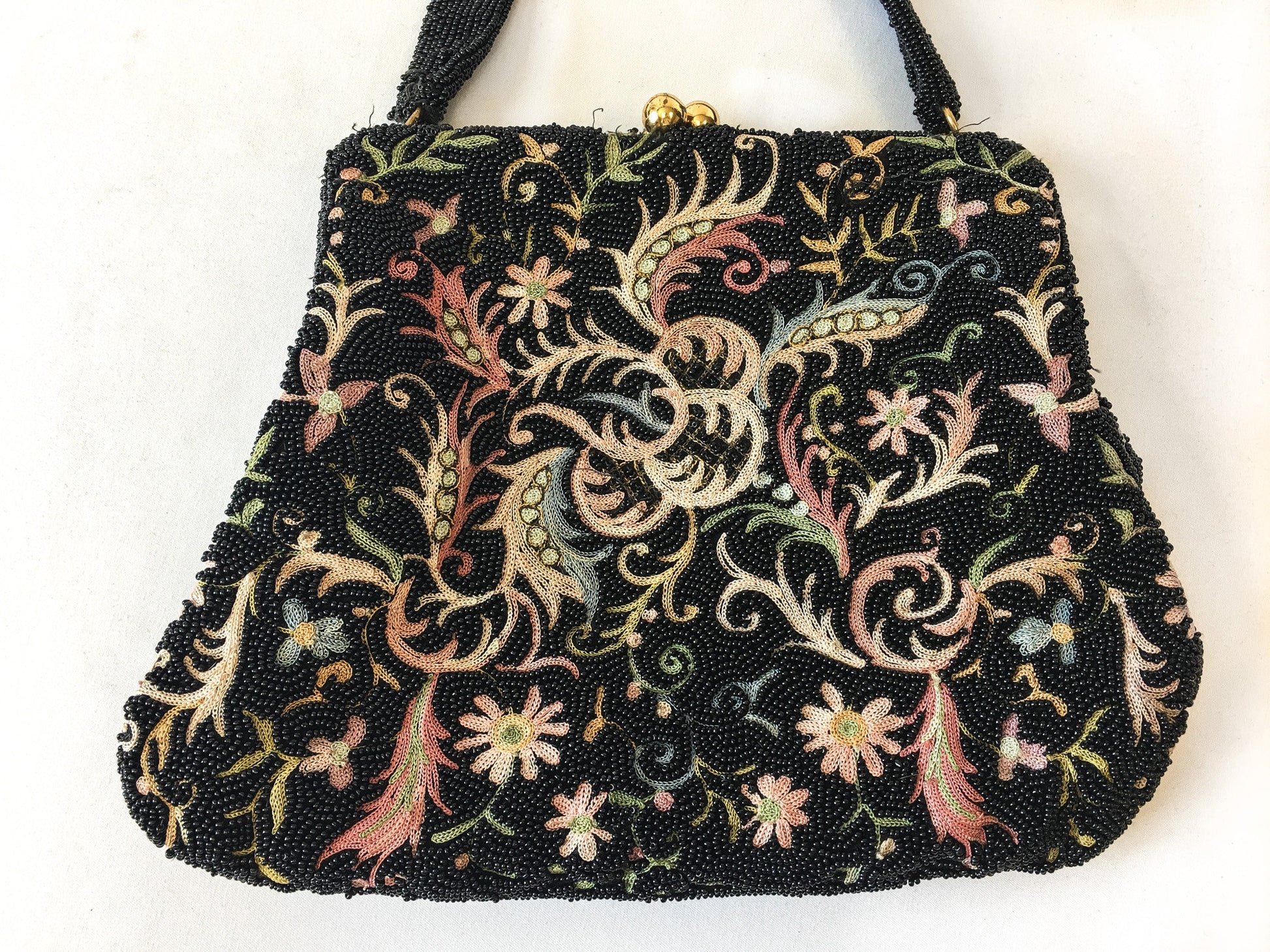 Vintage 60s Bags by Joseph Black Pastel Floral Beaded Handbag, Vintgae 60s Art Deco Evening Bag