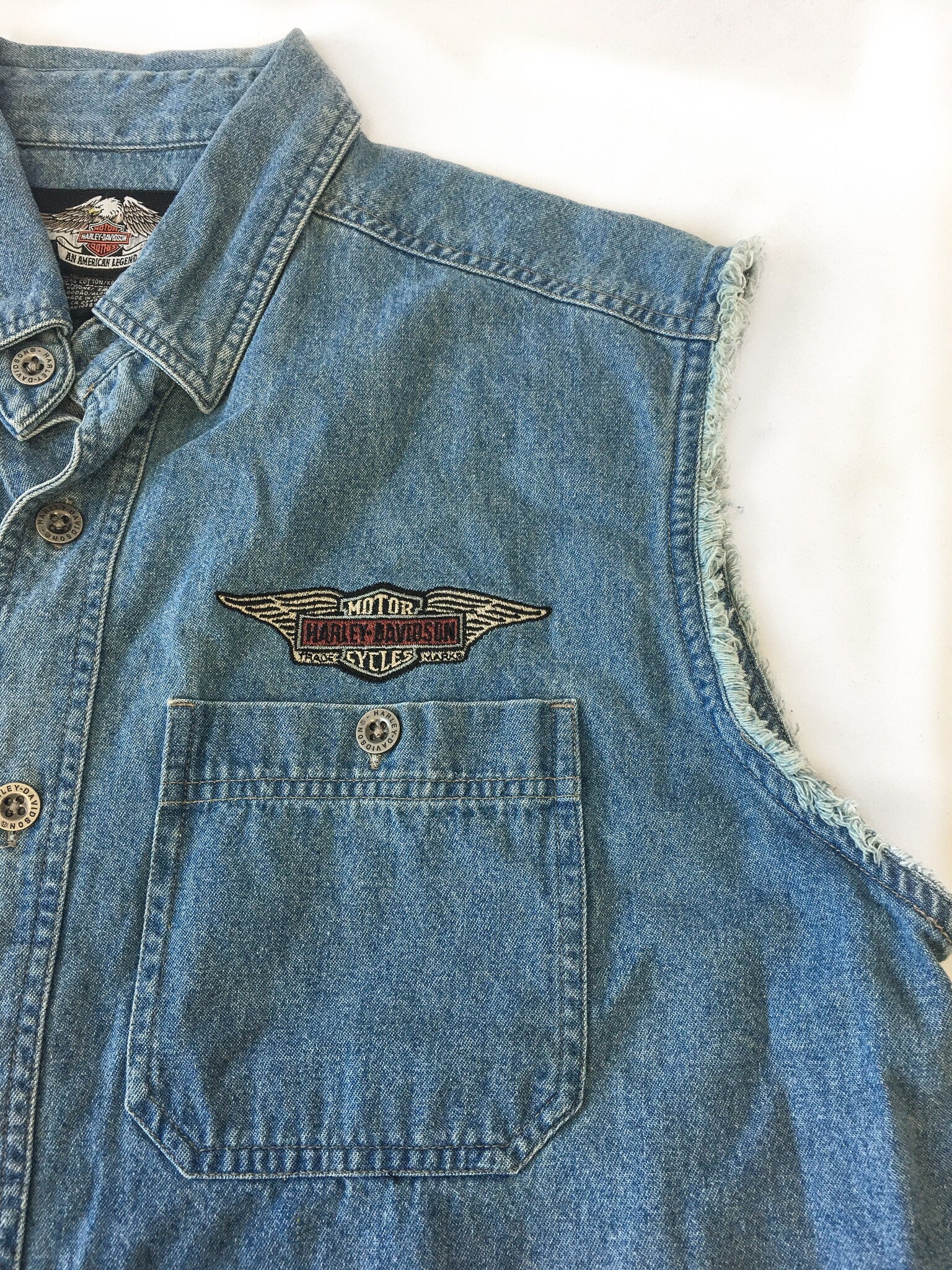 Vintage 90s Harley Davidson Sleeveless Medium Wash Denim Vest, Men's Sz. L, 90s Harley Davidson Apparel