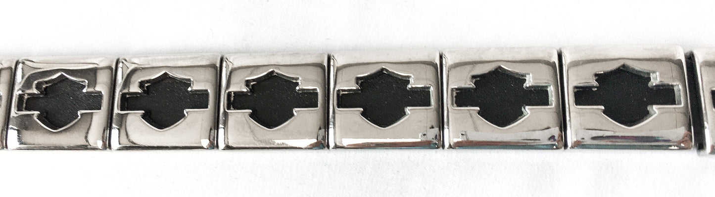 Vintage Inspired Harley Davidson Silver Toned Block Logo Black Leather Belt, Sz. L, fits 39" Waist, Harley Davidson Biker Apparel