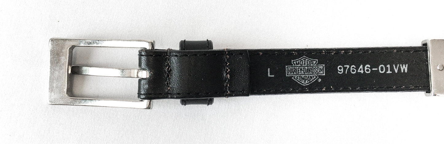 Vintage Inspired Harley Davidson Silver Toned Block Logo Black Leather Belt, Sz. L, fits 39" Waist, Harley Davidson Biker Apparel