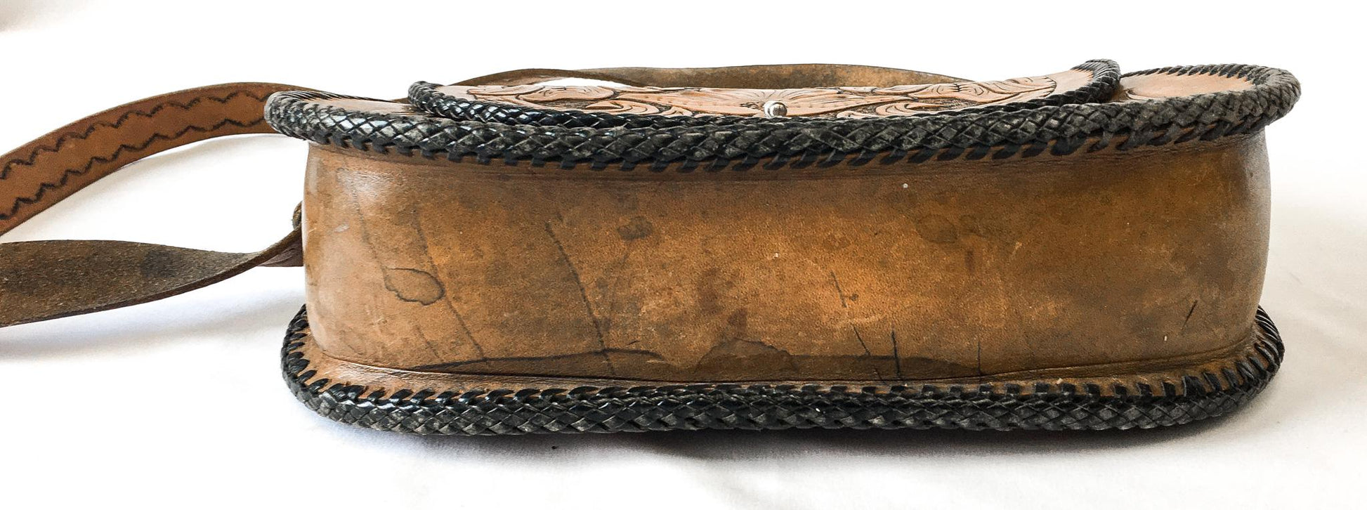 Vintage 60s Handcrafted Tooled "Jeannie" Leather Crossbody Handbag with Floral Engraving