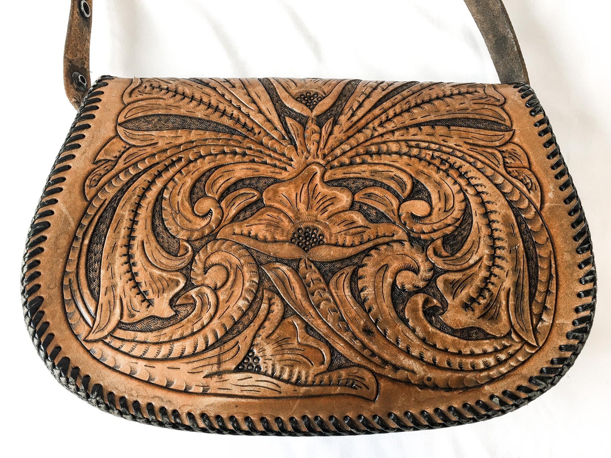 Vintage 60s Handcrafted Tooled "Jeannie" Leather Crossbody Handbag with Floral Engraving