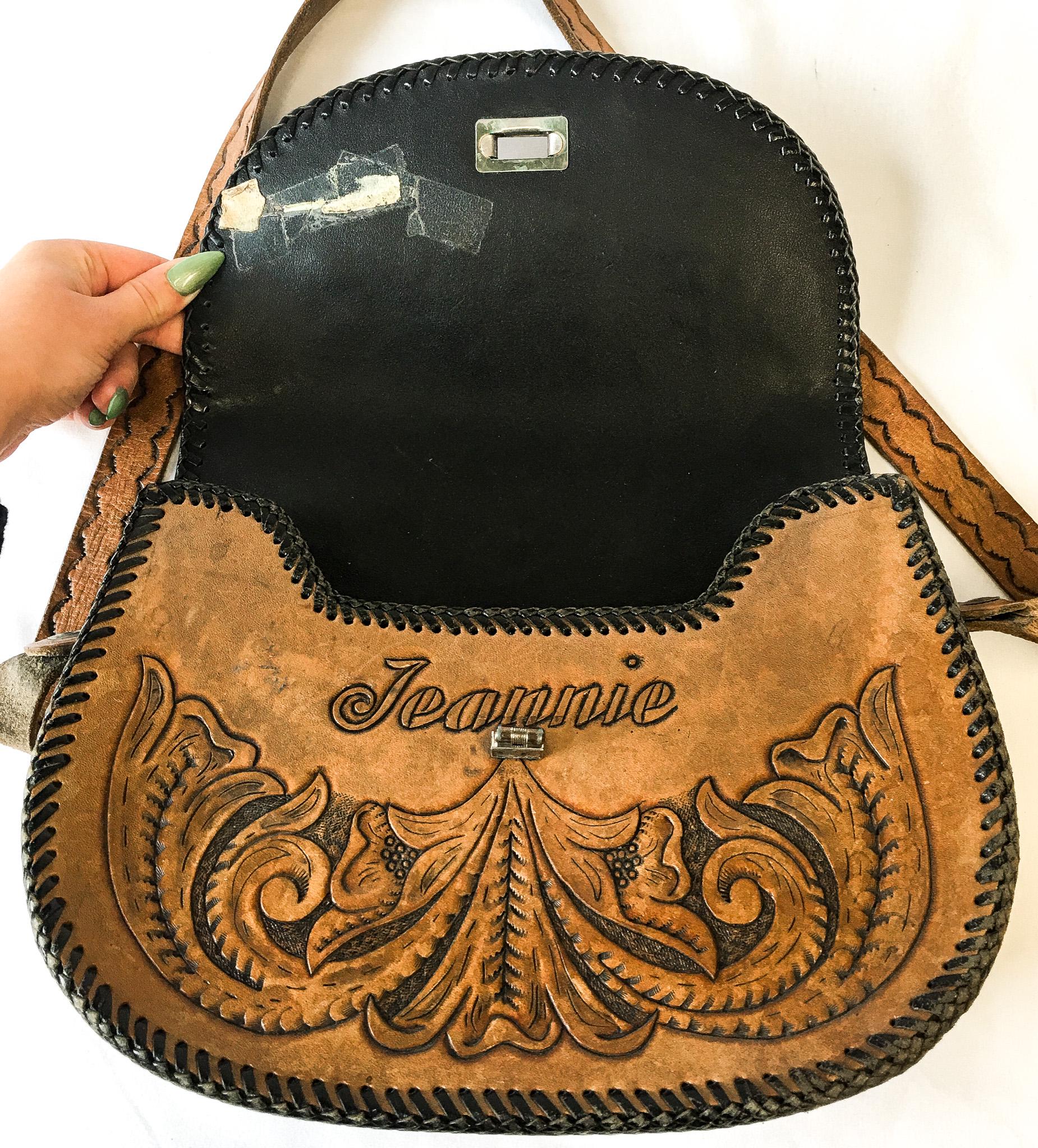 Vintage 60s Handcrafted Tooled "Jeannie" Leather Crossbody Handbag with Floral Engraving