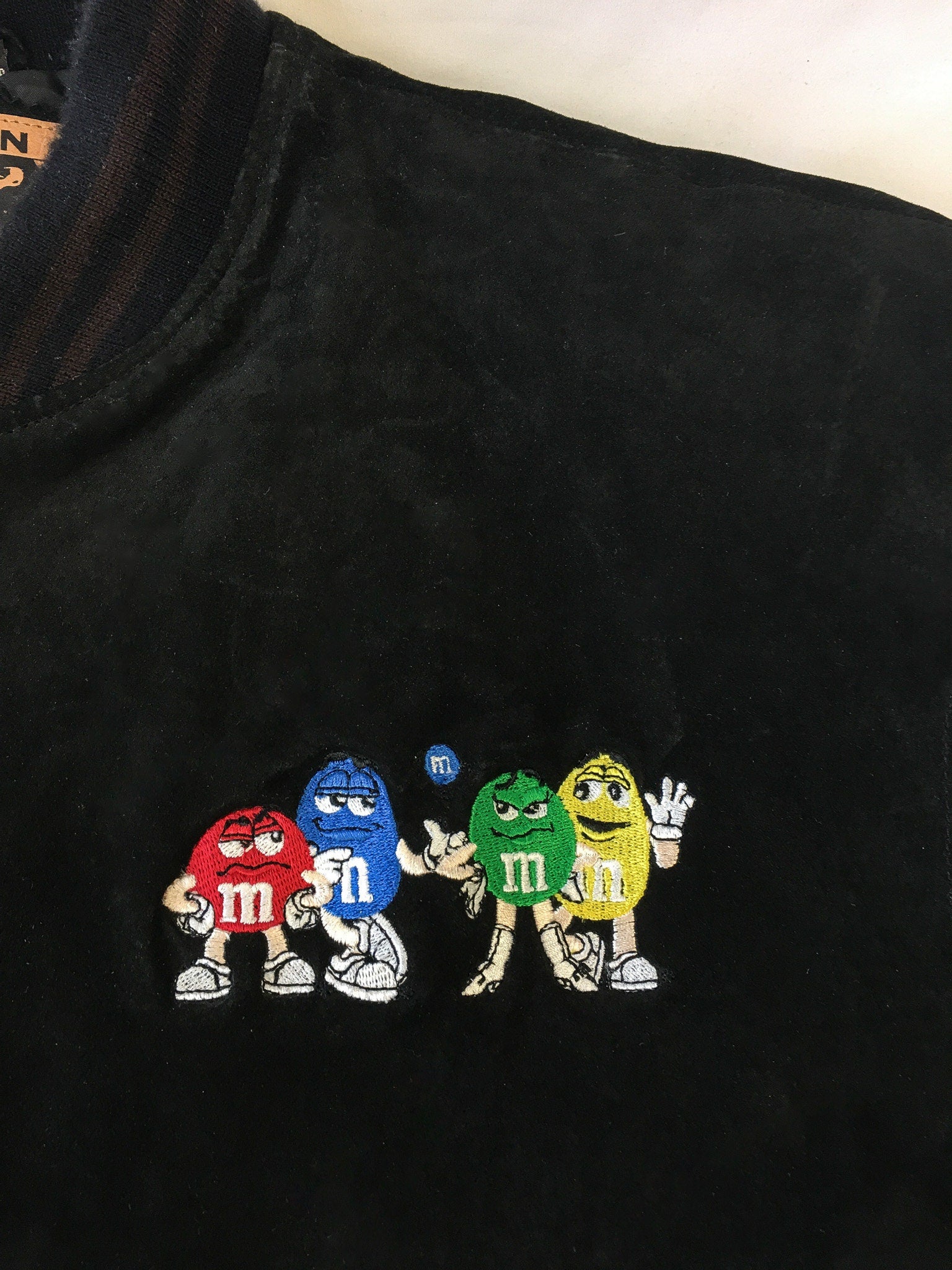 Vintage M&M's Suede Black and Brown Embroidered Logo Bomber Jacket, Sz. L, Vintage M and M's Apparel