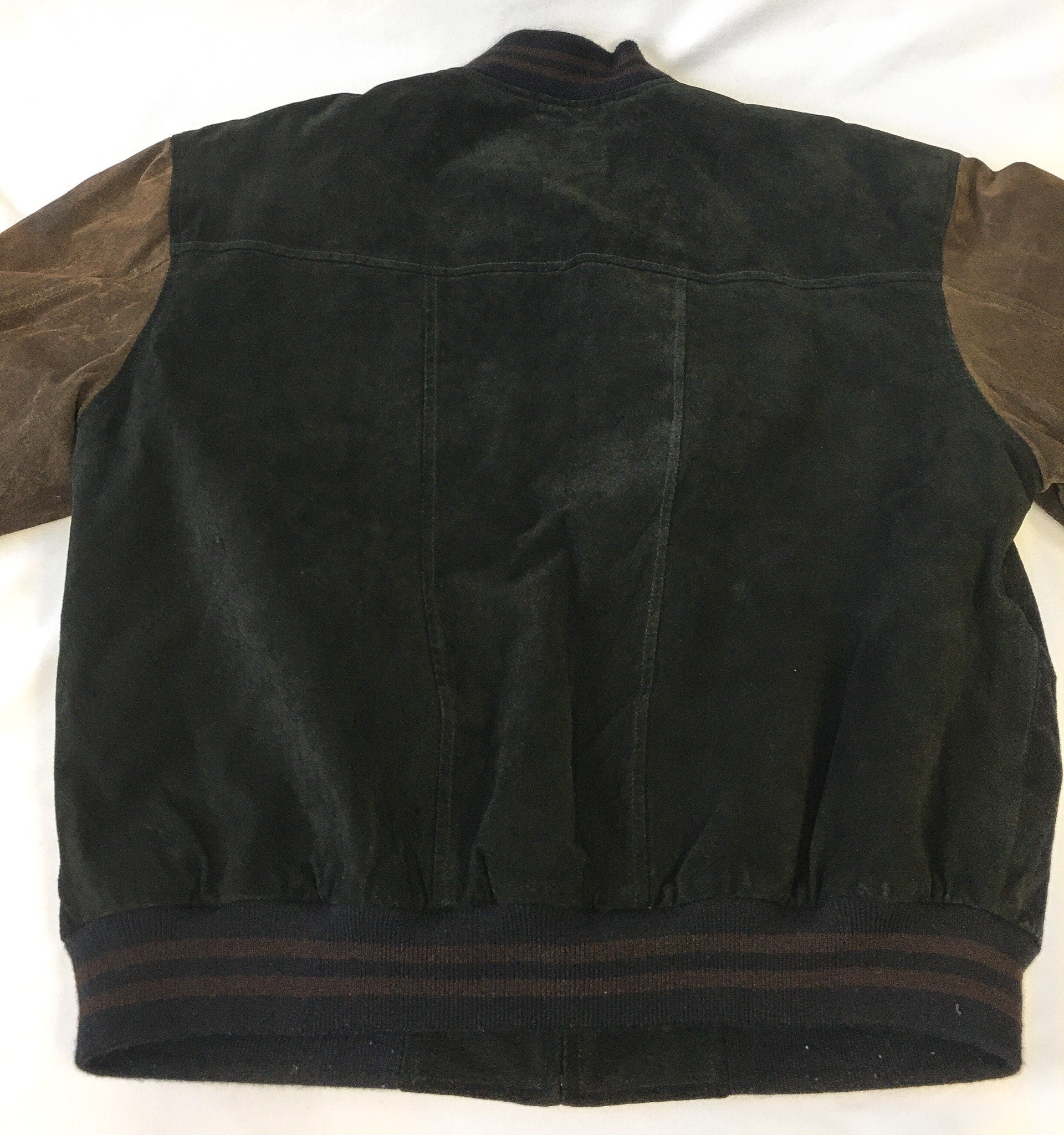 Vintage M&M's Suede Black and Brown Embroidered Logo Bomber Jacket, Sz. L, Vintage M and M's Apparel