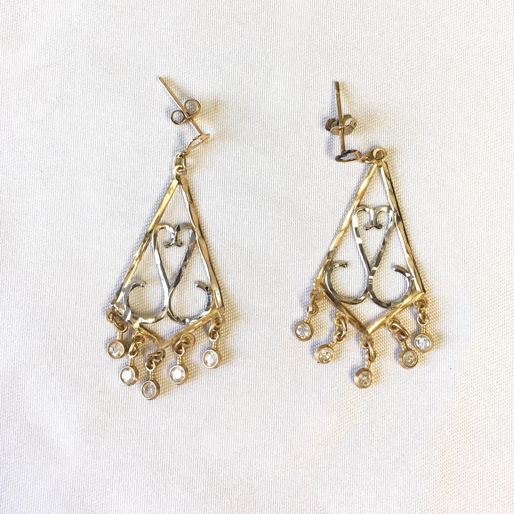 10K Yellow and White Gold CZ Chandelier Filigree Heart Earrings