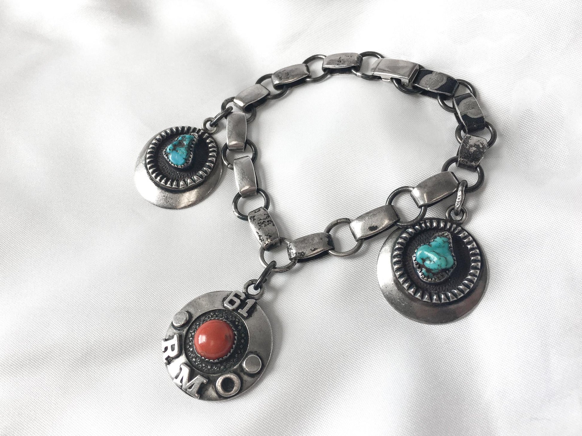 Vintage Frank Patania Sr. Sterling Silver with Turquoise and Coral Bracelet Circa 1961, Custom Made, Possibly one of a Kind, 8.5"