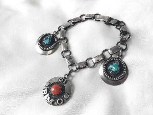Vintage Frank Patania Sr. Sterling Silver with Turquoise and Coral Bracelet Circa 1961, Custom Made, Possibly one of a Kind, 8.5"