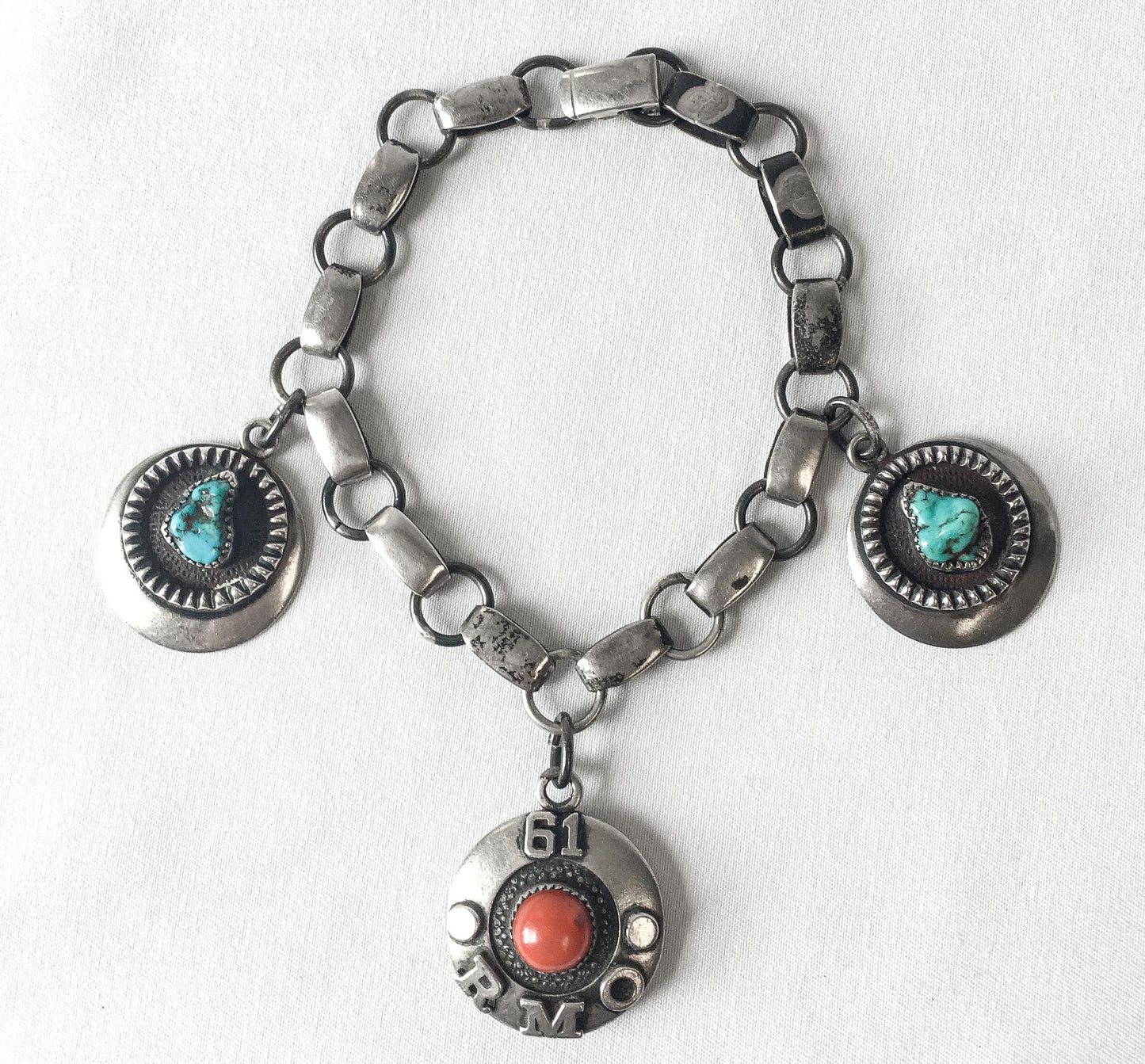 Vintage Frank Patania Sr. Sterling Silver with Turquoise and Coral Bracelet Circa 1961, Custom Made, Possibly one of a Kind, 8.5"