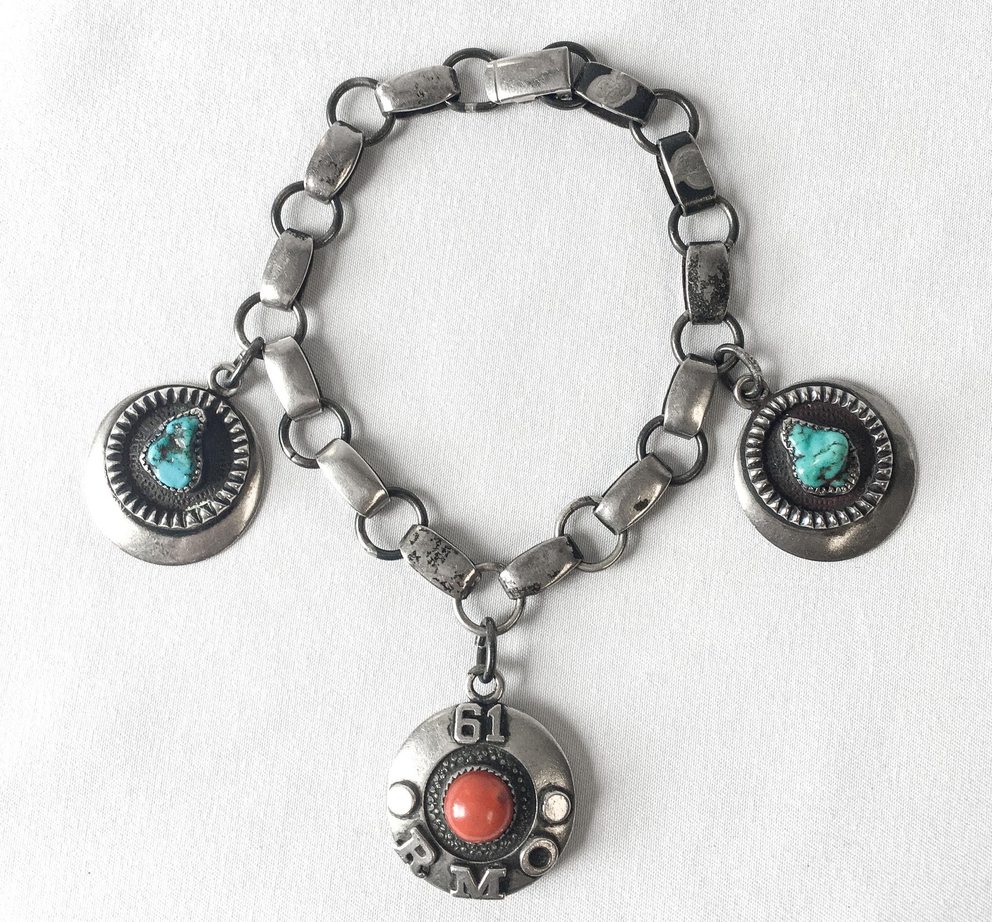 Vintage Frank Patania Sr. Sterling Silver with Turquoise and Coral Bracelet Circa 1961, Custom Made, Possibly one of a Kind, 8.5"