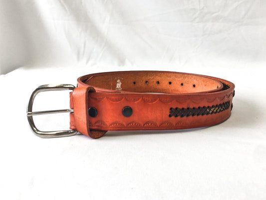 Vintage Handmade Orange Tooled Leather Woven Belt, Sz. 38, Vintage Western Belt