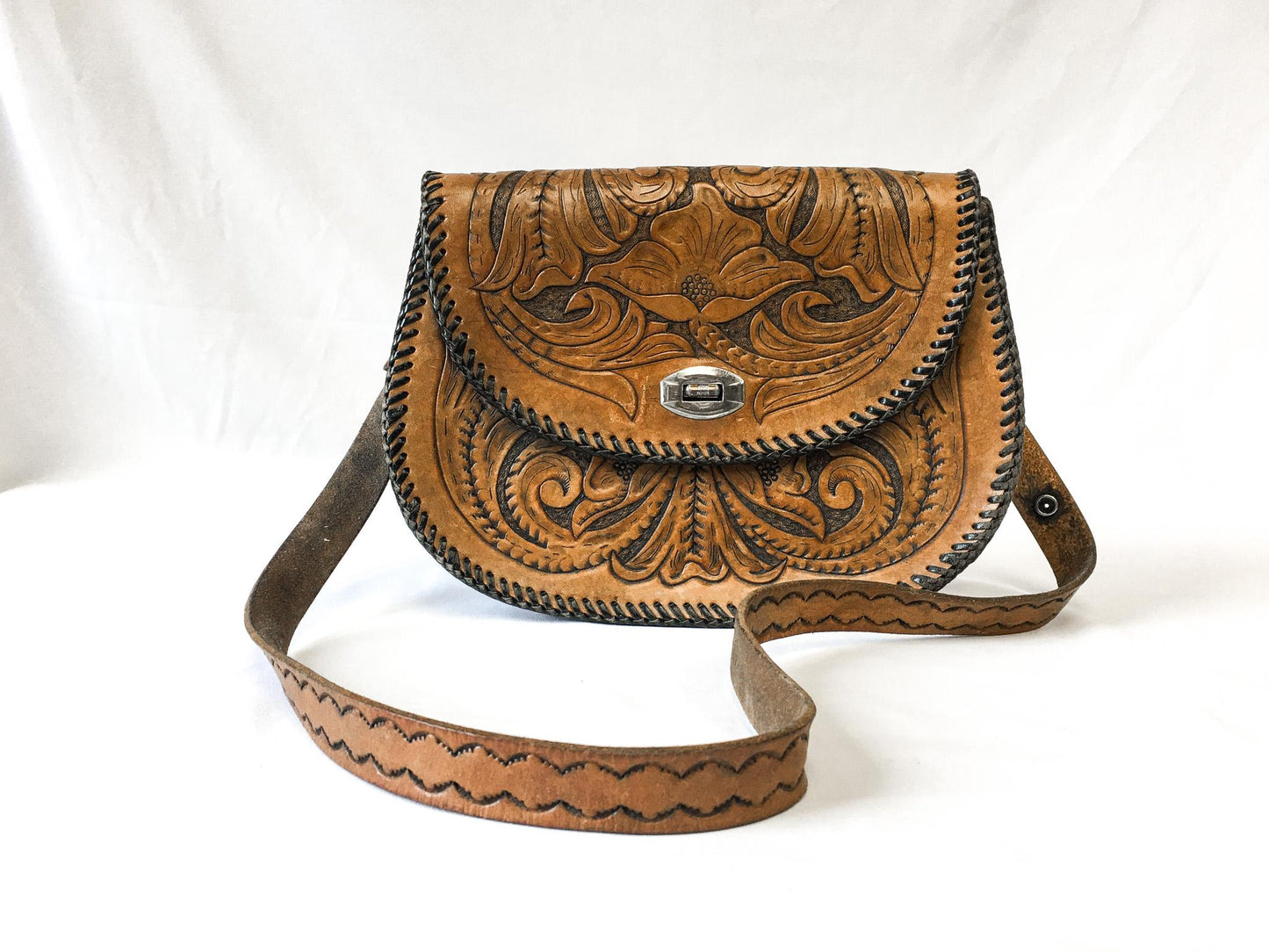 Vintage 60s Handcrafted Tooled "Jeannie" Leather Crossbody Handbag with Floral Engraving