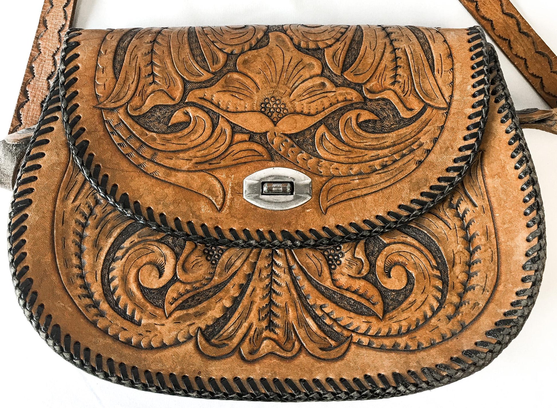 Vintage 60s Handcrafted Tooled "Jeannie" Leather Crossbody Handbag with Floral Engraving