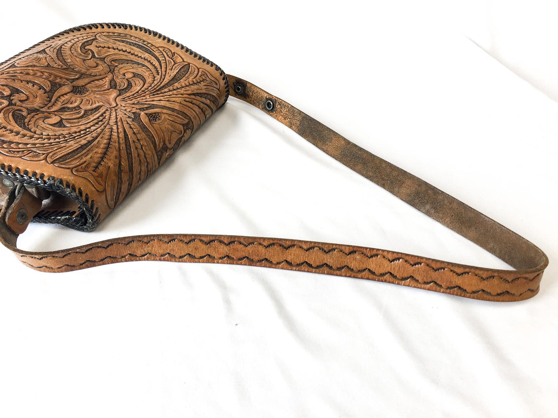 Vintage 60s Handcrafted Tooled "Jeannie" Leather Crossbody Handbag with Floral Engraving