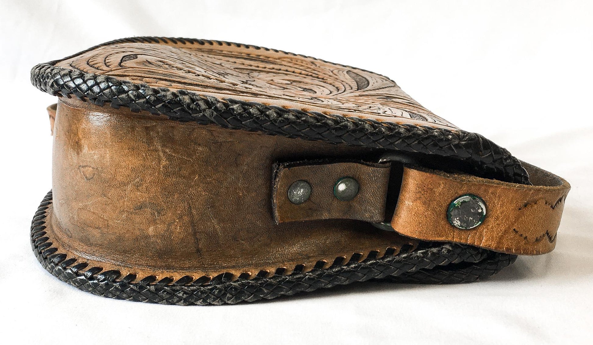Vintage 60s Handcrafted Tooled "Jeannie" Leather Crossbody Handbag with Floral Engraving