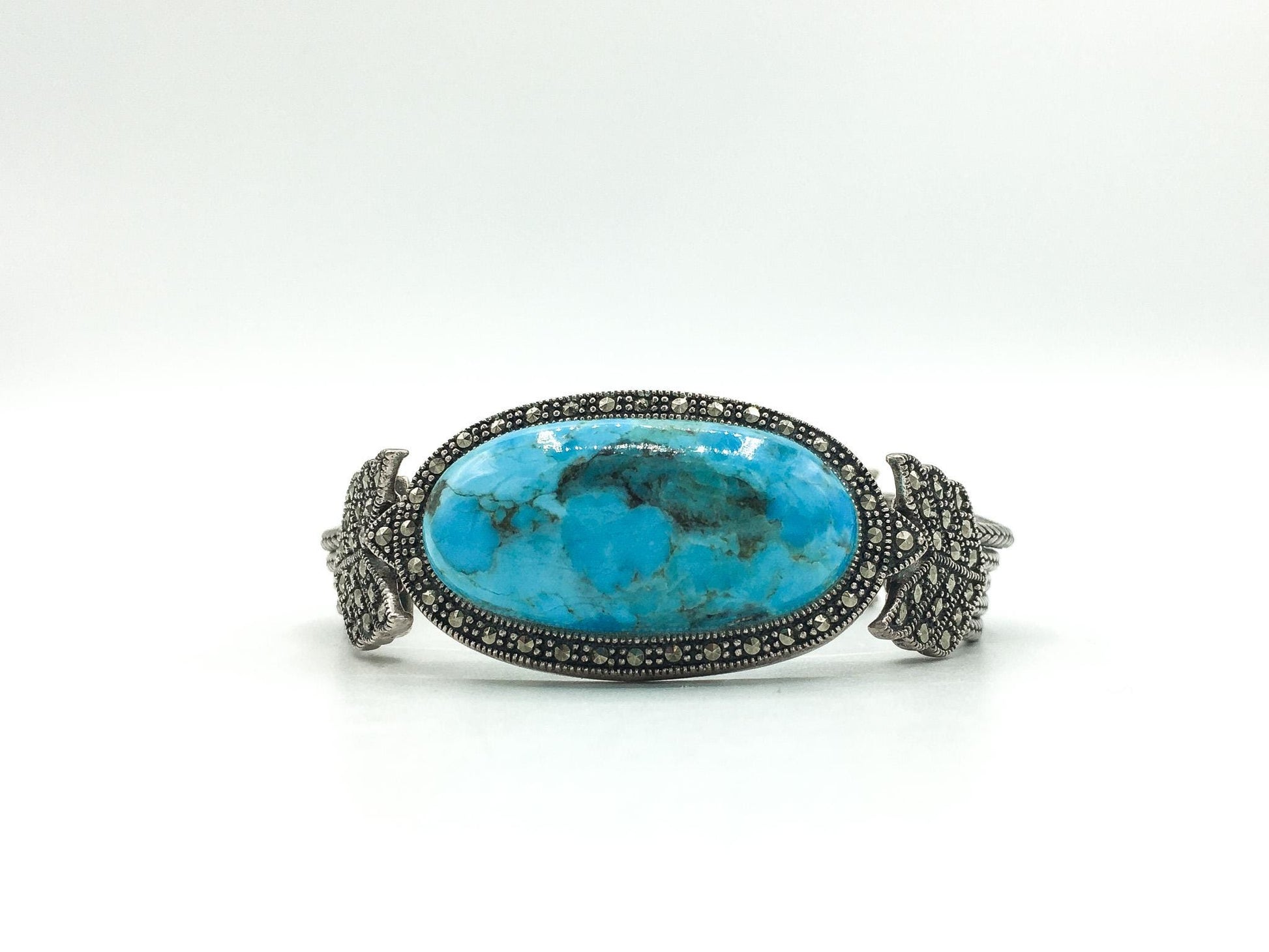 Vintage 925 Sterling Silver Turquoise and Marcasite Bracelet, BBJ, 7.5"