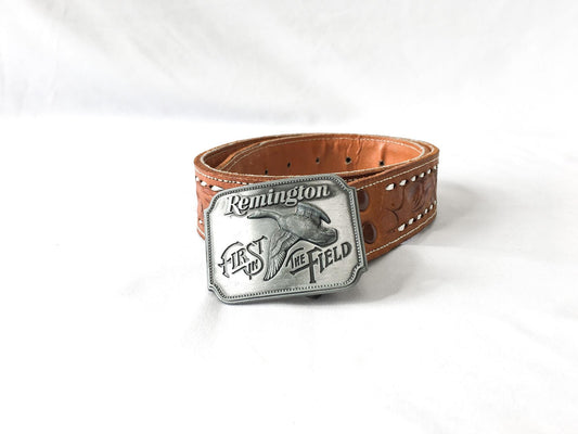 Vintage 80s Remington "First in the Field" Tooled Leather Floral Engraving Belt, Sz. 28, Vintage Western Belt