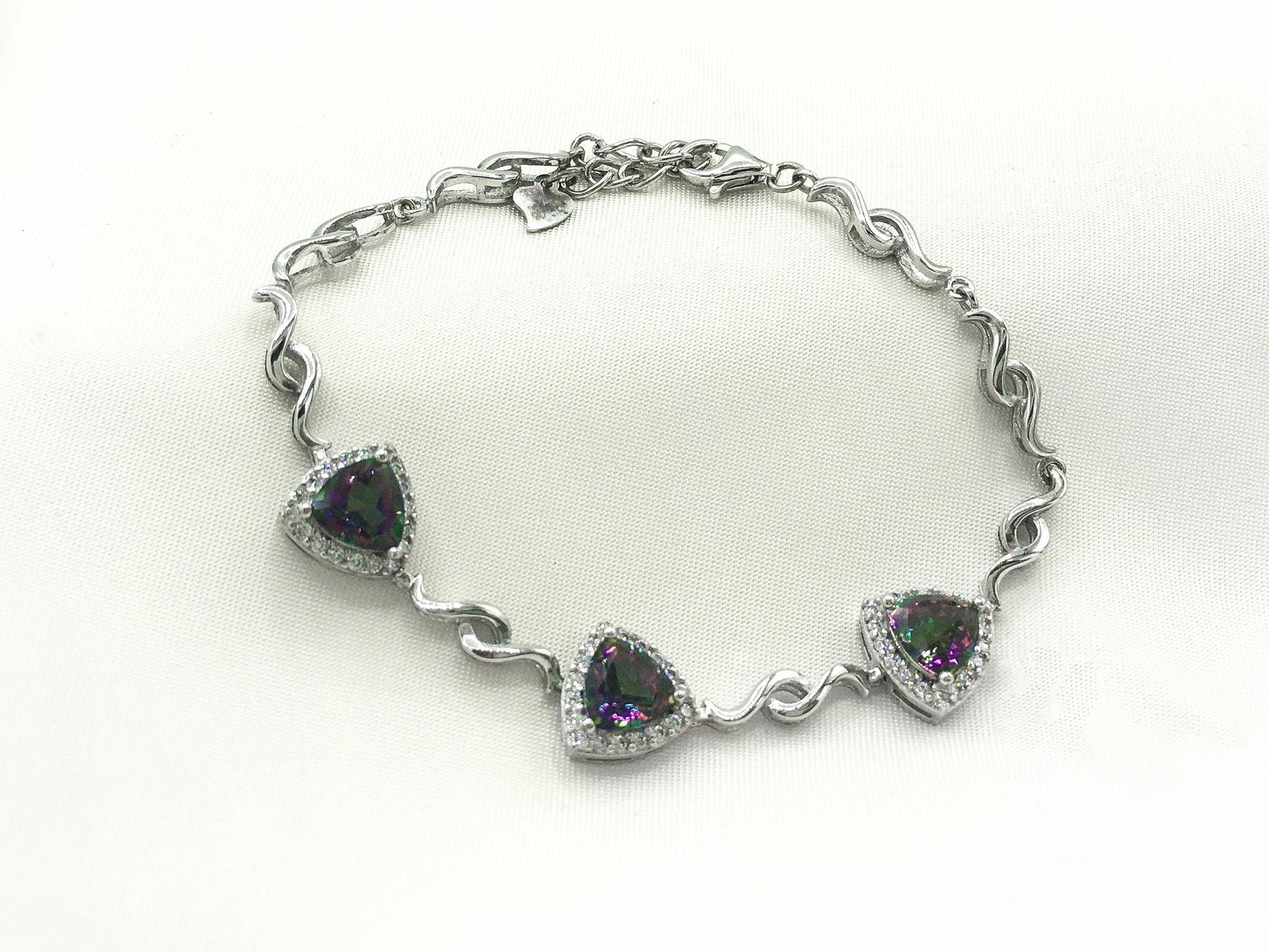 925 Silver Mystic Topaz Trillion Cut Link Bracelet, 7"