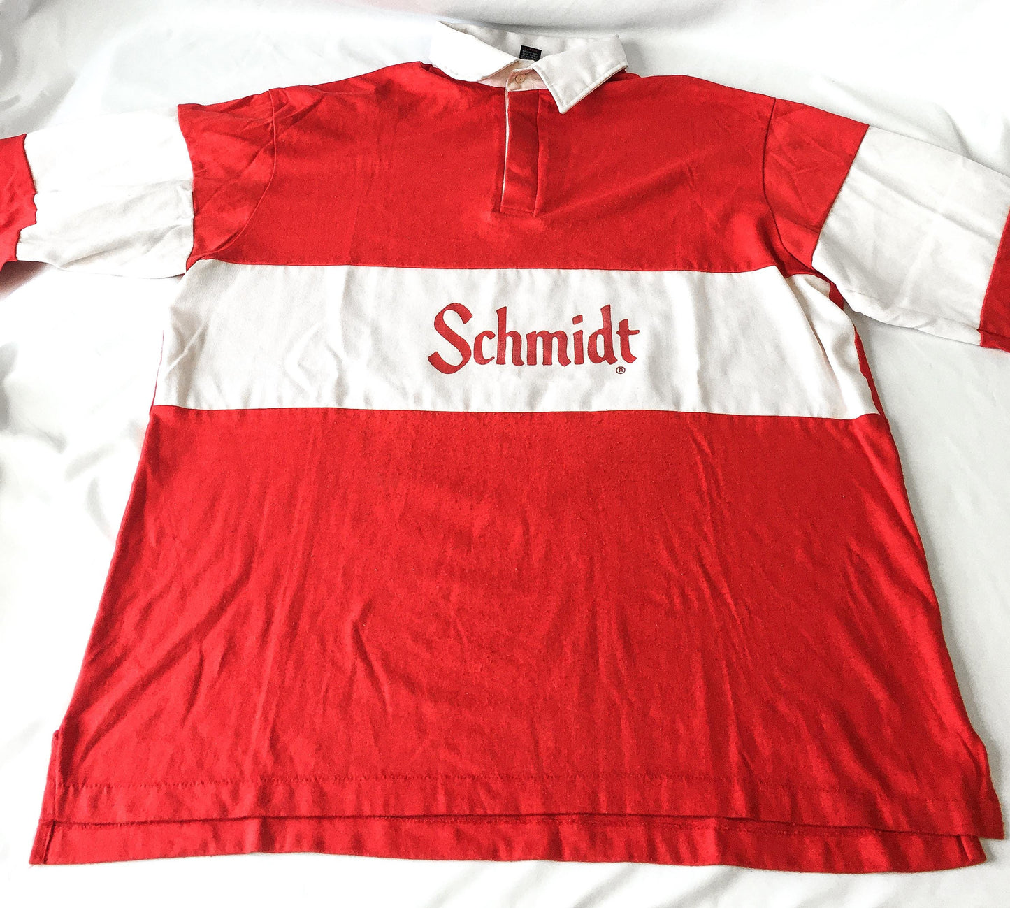 Vintage Schmidt Beer Red and White Striped Polo Longsleeve, Men’s Sz. XL, Vintage Beer Shirt