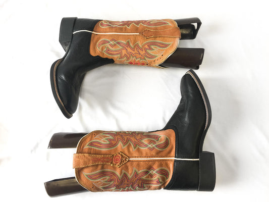 Vintage Inspired Tony Lama Black and Brown Leather Cowboy Boots with Multicolor Embroidery, Style #RR22113L, Men's Sz. 9B
