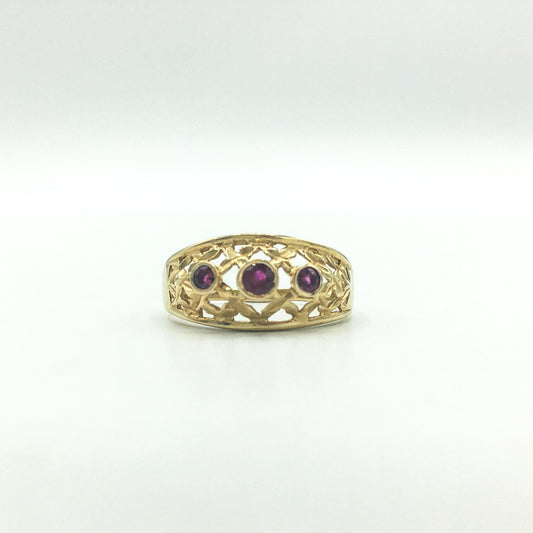10K Gold Three Stone Ruby Trilogy Filigree Ring, Size 9.25