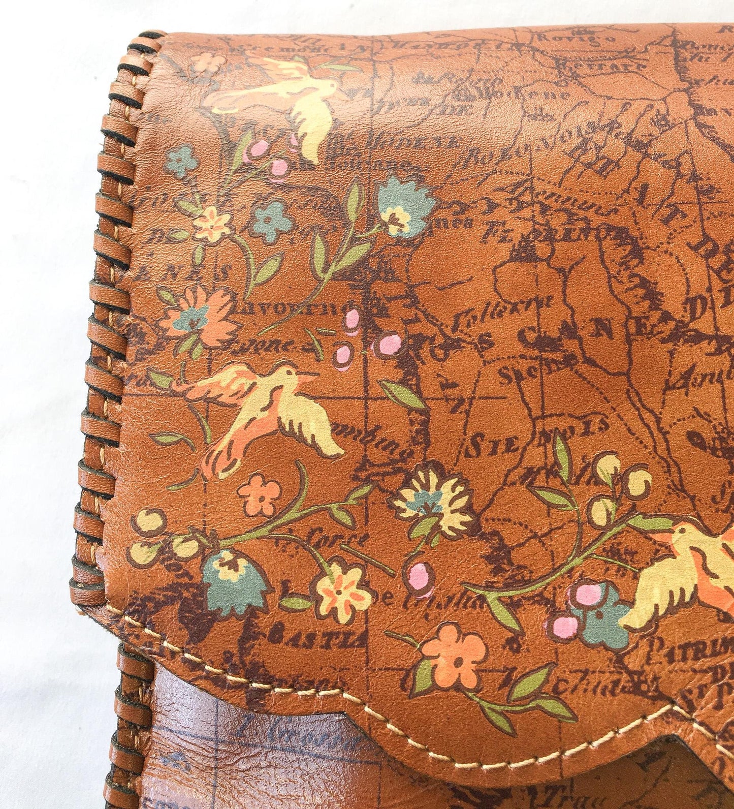 Vintage Inspired Patricia Leather Sarola Floral Garden Map Crossbody, Missing Crossbody Strap, Boho Western Style Handbag