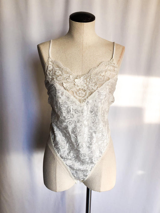 Vintage 90s 'Delicates' Lace Cream Teddy Bodysuit, Sz. S