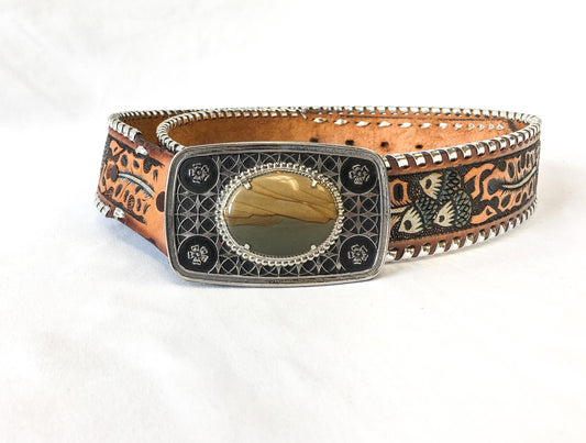 Vintage 80s Perkies Hand Painted Brown and Silver Acorn Engraved Leather Belt with Metal and Faux Stone Buckle, Sz. 40, Vintage Western Belt