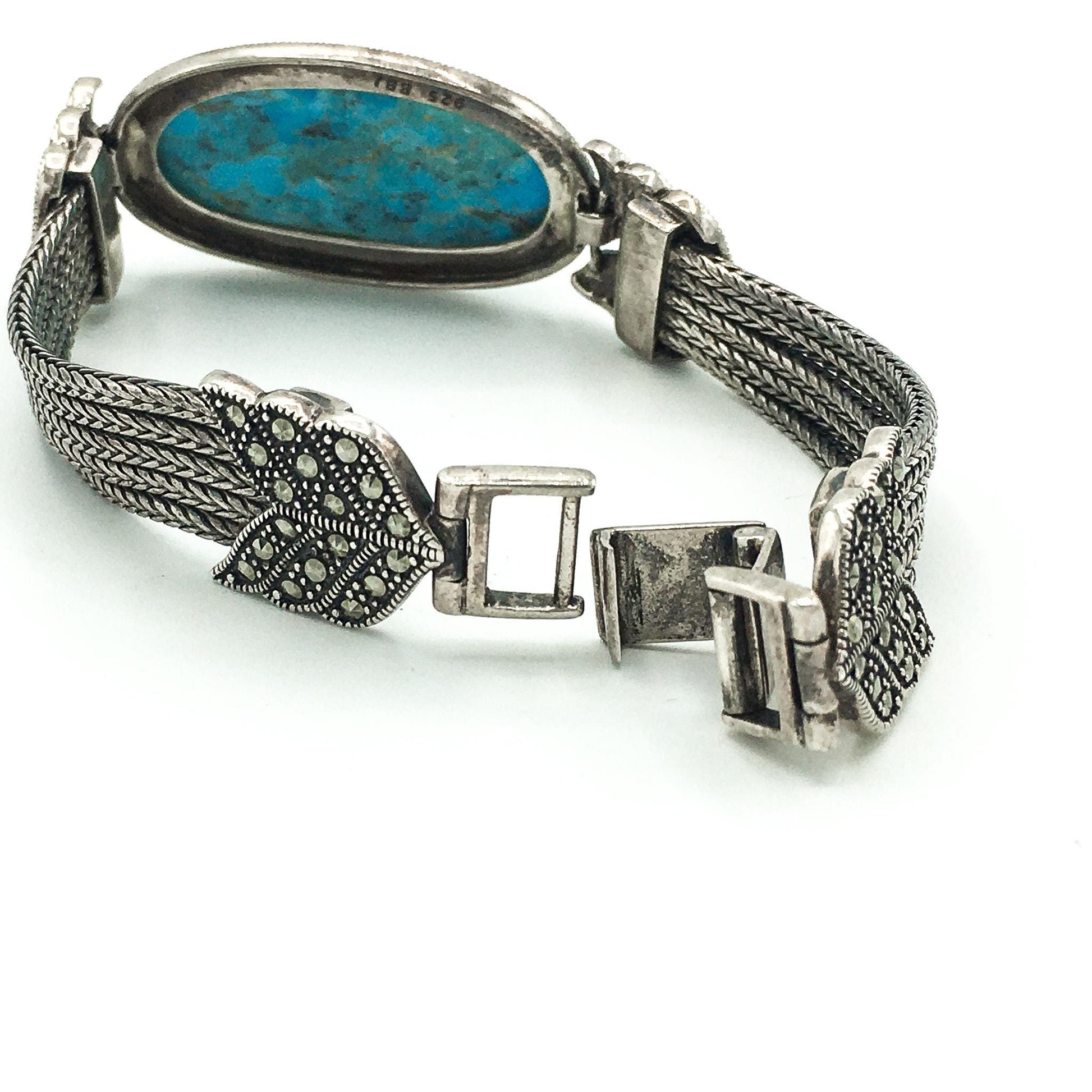 Vintage 925 Sterling Silver Turquoise and Marcasite Bracelet, BBJ, 7.5"