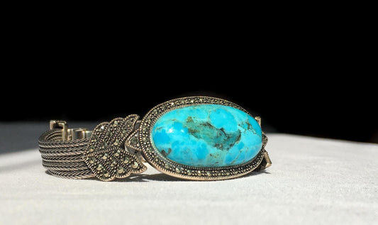 Vintage 925 Sterling Silver Turquoise and Marcasite Bracelet, BBJ, 7.5"