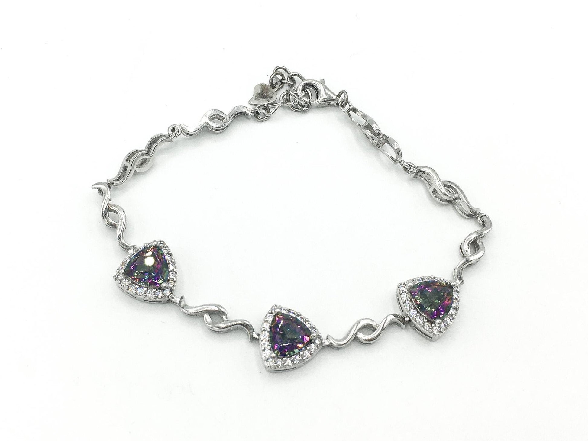 925 Silver Mystic Topaz Trillion Cut Link Bracelet, 7"