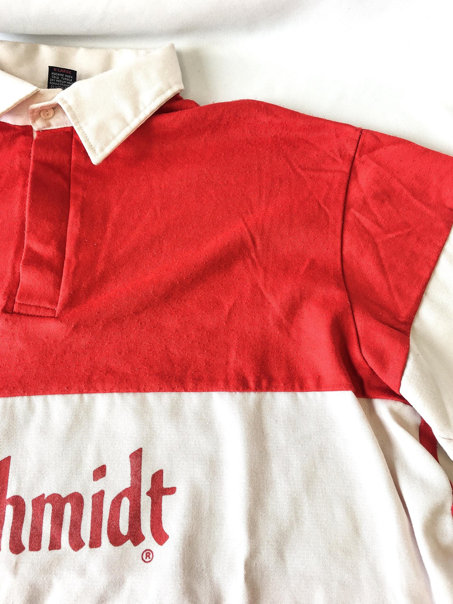 Vintage Schmidt Beer Red and White Striped Polo Longsleeve, Men’s Sz. XL, Vintage Beer Shirt