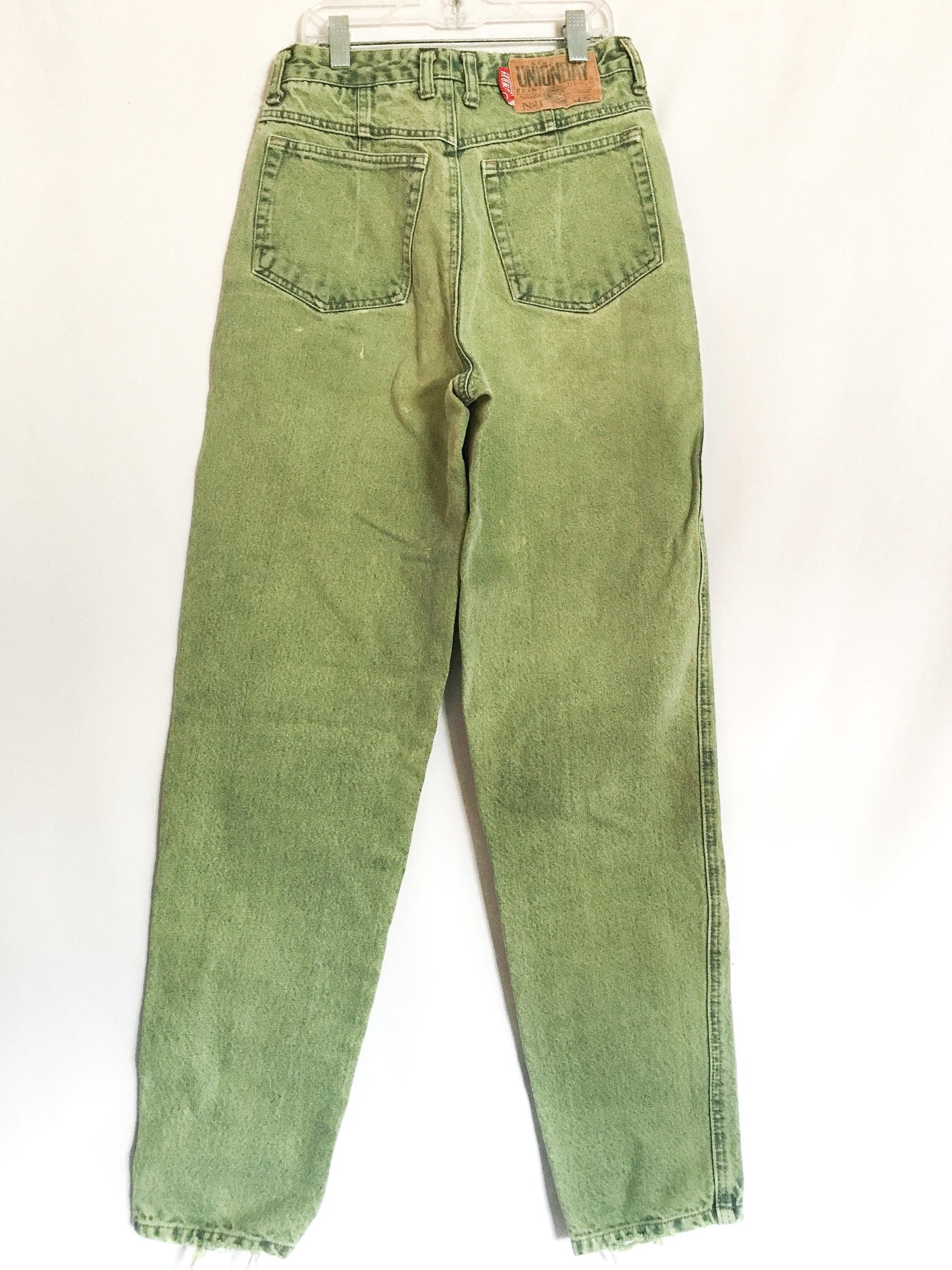 Vintage 90s Union Bay Green Distressed Stone Wash Tapered Mom Jeans, Women's Sz. 26" Waist, Vintage Unique Denim Jeans