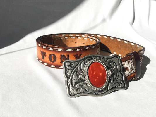 Vintage 80s Tony Lama Tooled Leather "Tony" Belt with Floral Engraving Detail and Red Faux Stone Buckle, Sz. 44, Vintage Western Belt