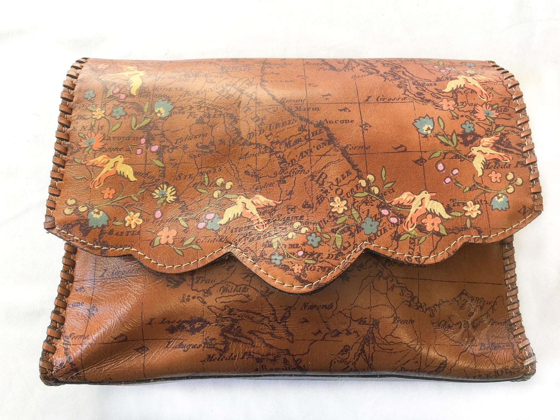 Vintage Inspired Patricia Leather Sarola Floral Garden Map Crossbody, Missing Crossbody Strap, Boho Western Style Handbag