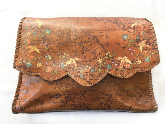 Vintage Inspired Patricia Leather Sarola Floral Garden Map Crossbody, Missing Crossbody Strap, Boho Western Style Handbag