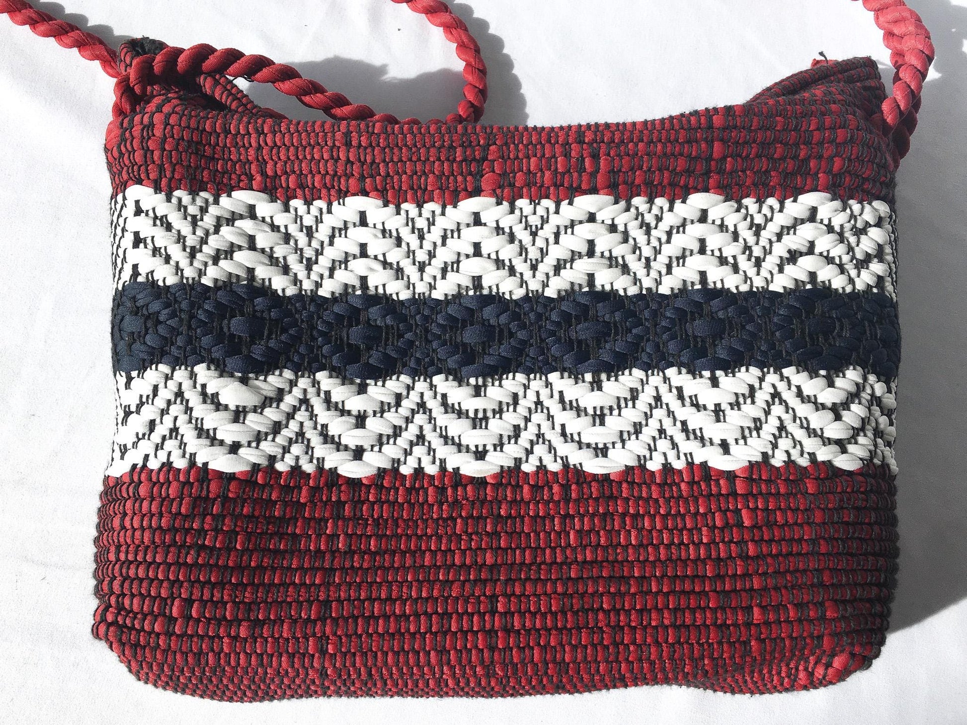 Vintage Handcrafted Red, White and Blue Crocheted Striped Tote Shoulder Bag