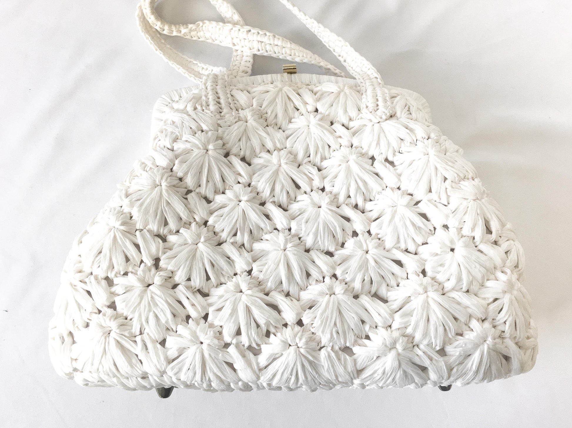 Vintage 60s Fashion Imports Off-White Woven Raffia Top Handle Handbag, Vintage Coquette Cottage Core Purse
