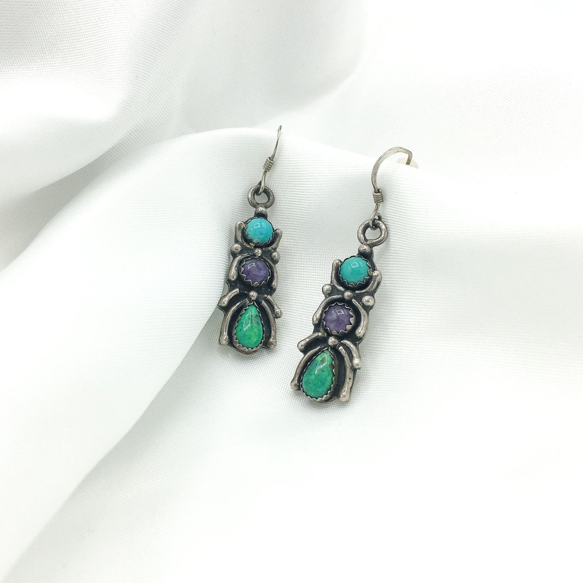 Vintage Charles Johnson 925 Sterling Silver Dangle Earrings with Blue, Purple and Green Turquoise Stones, Spider/Bug Design
