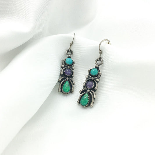 Vintage Charles Johnson 925 Sterling Silver Dangle Earrings with Blue, Purple and Green Turquoise Stones, Spider/Bug Design