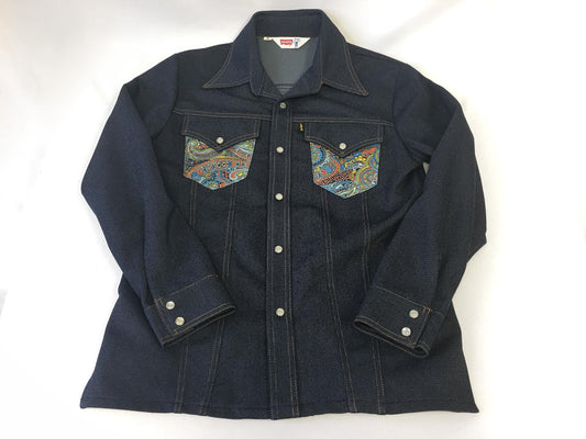 Vintage 60s Levi's Floral Patchwork Dark Wash Button Up, Women's Sz. M, Vintage Western Blouse Top